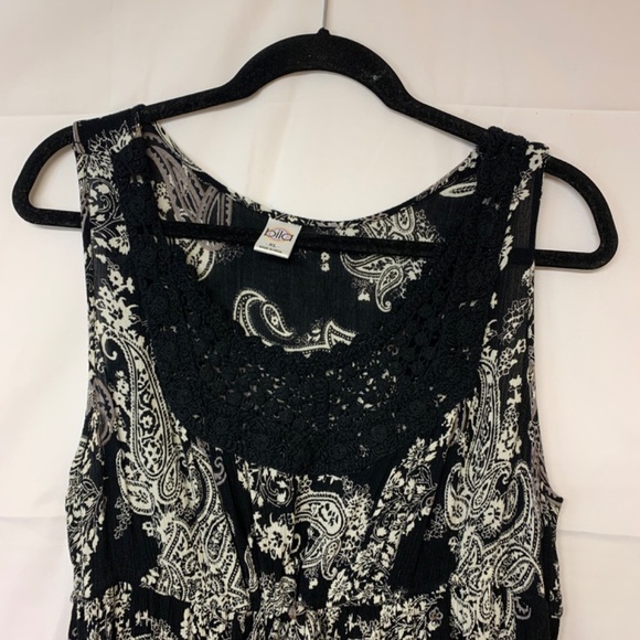 bila dress SZ Xl black & tan paisley maxi crinkle bohemian casual babydoll - Picture 2 of 12